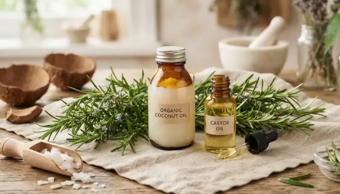 Natural ingredients for hair care, including coconut oil, rosemary sprigs, and castor oil arranged on a cloth. Natural ingredients for hair care, including coconut oil, rosemary sprigs, and castor oil arranged on a cloth.