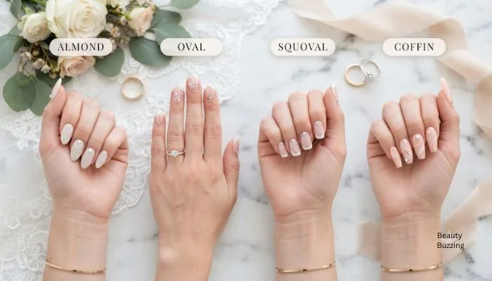 Comparison of 2026 trending bridal nail shapes: almond, oval, squoval, and coffin. Comparison of 2026 trending bridal nail shapes: almond, oval, squoval, and coffin.