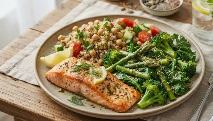 A healthy meal plate featuring protein, green vegetables, and seeds for belly fat loss.
