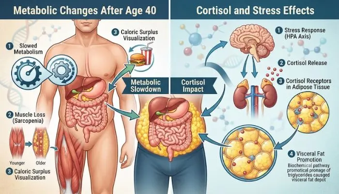 Infographic illustrating how metabolism and hormones like cortisol affect belly fat after age 40.