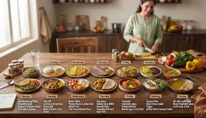 A weekly meal plan guide designed for healthy weight management after age 40.