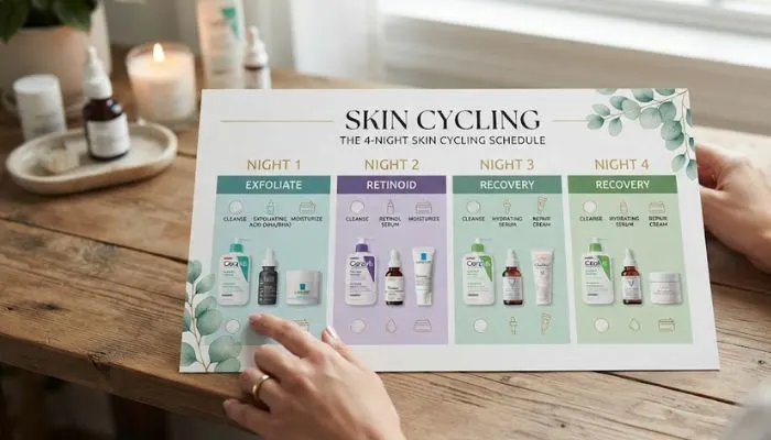 A 4-night skin cycling schedule chart showing the rotation of exfoliation, retinoid, and recovery nights. A 4-night skin cycling schedule chart showing the rotation of exfoliation, retinoid, and recovery nights.