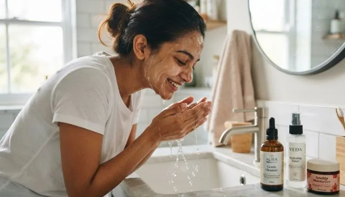 Clean skincare bottles and a gentle cleanser next to a person washing their face with water.