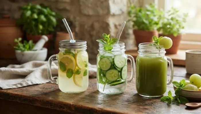Assorted morning detox drinks including lemon water, cucumber mint water, and amla juice in glass jars on a rustic kitchen counter. Assorted morning detox drinks including lemon water, cucumber mint water, and amla juice in glass jars on a rustic kitchen counter.