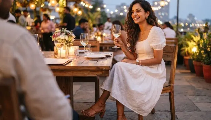 Stylish Indian woman wearing a textured white cotton summer dress with strappy heels for an evening date. Stylish Indian woman wearing a textured white cotton summer dress with strappy heels for an evening date.