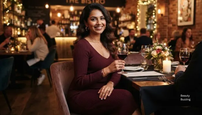 Woman in a deep burgundy midi bodycon dress posing at a stylish restaurant for a date night. Woman in a deep burgundy midi bodycon dress posing at a stylish restaurant for a date night.