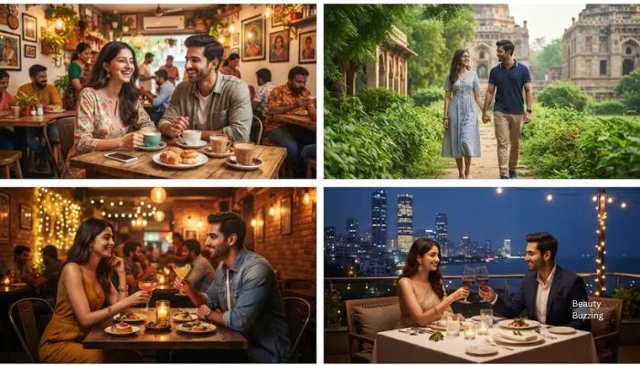 Collage showing different date settings from a casual café date to an elegant rooftop dinner. Collage showing different date settings from a casual café date to an elegant rooftop dinner.