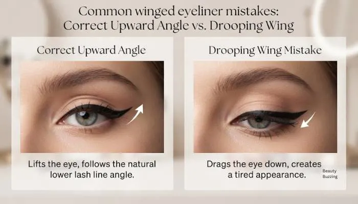 Common winged eyeliner mistakes comparison showing correct upward angle versus drooping wing. Common winged eyeliner mistakes comparison showing correct upward angle versus drooping wing.