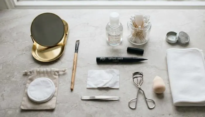 Flat lay arrangement of makeup tools needed for winged eyeliner including liquid liner, cotton buds, and micellar water. Flat lay arrangement of makeup tools needed for winged eyeliner including liquid liner, cotton buds, and micellar water.
