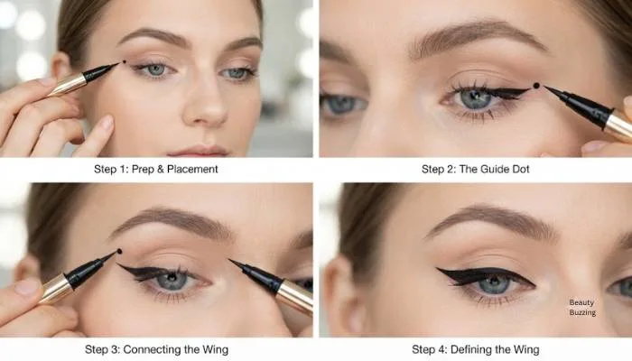 Step-by-step guide showing how to draw a dot at the outer corner of the eye for winged eyeliner. Step-by-step guide showing how to draw a dot at the outer corner of the eye for winged eyeliner.