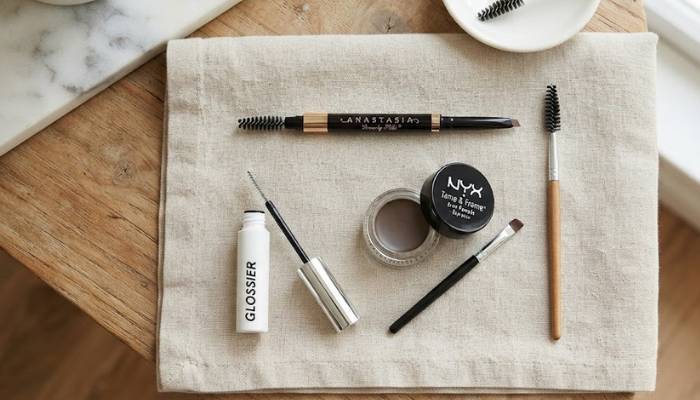 Flat lay of essential eyebrow makeup products including a spoolie brush, brow pencil, pomade, and clear gel. Flat lay of essential eyebrow makeup products including a spoolie brush, brow pencil, pomade, and clear gel.