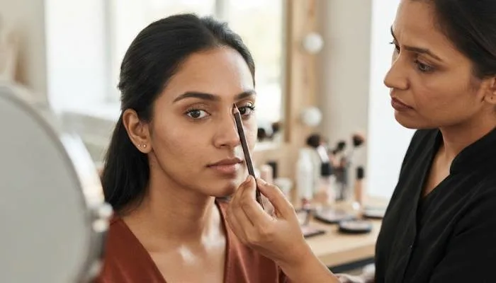 Demonstration of mapping eyebrow shape using a brow pencil aligned with the nose and eye. Demonstration of mapping eyebrow shape using a brow pencil aligned with the nose and eye.