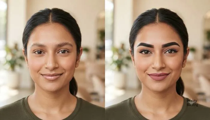 Side-by-side comparison showing soft natural brows versus sharp defined bold brows. Side-by-side comparison showing soft natural brows versus sharp defined bold brows.
