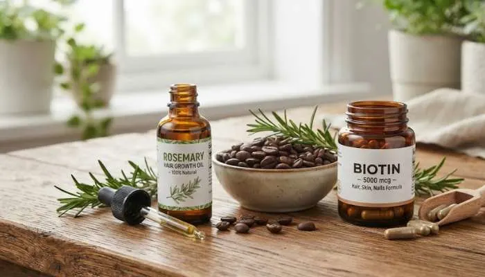 Natural hair growth ingredients like rosemary oil dropper, caffeine beans, and biotin supplements on a wooden table. Natural hair growth ingredients like rosemary oil dropper, caffeine beans, and biotin supplements on a wooden table.
