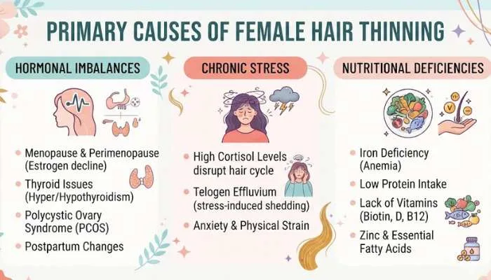 Infographic illustration showing the primary causes of female hair thinning, including hormones, stress, and nutrition. Infographic illustration showing the primary causes of female hair thinning, including hormones, stress, and nutrition.