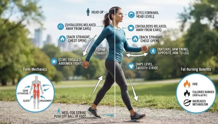 Infographic showing proper walking posture for fat burning Infographic showing proper walking posture for fat burning