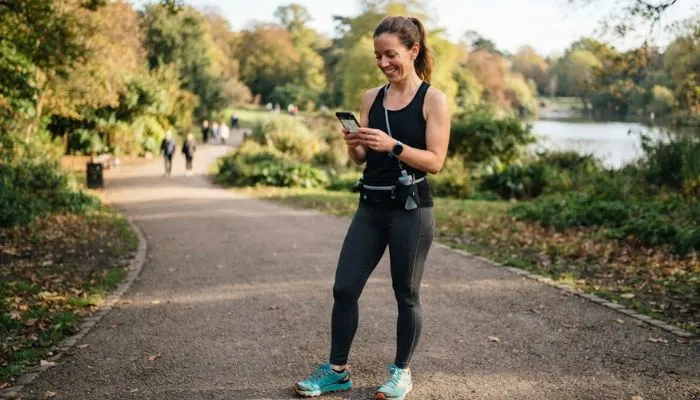 Woman checking fitness app on smartphone during her weight loss walking routine Woman checking fitness app on smartphone during her weight loss walking routine