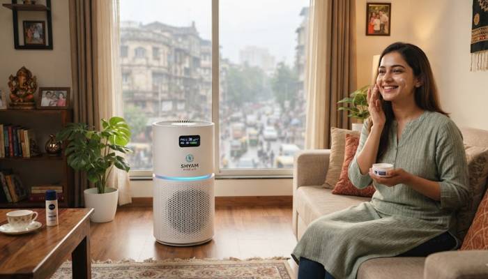 Modern air purifier inside a home to protect skin and health from indoor and outdoor pollution Modern air purifier inside a home to protect skin and health from indoor and outdoor pollution