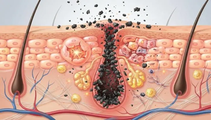 Graphic illustration of microscopic pollution particles clogging skin pores and causing damage