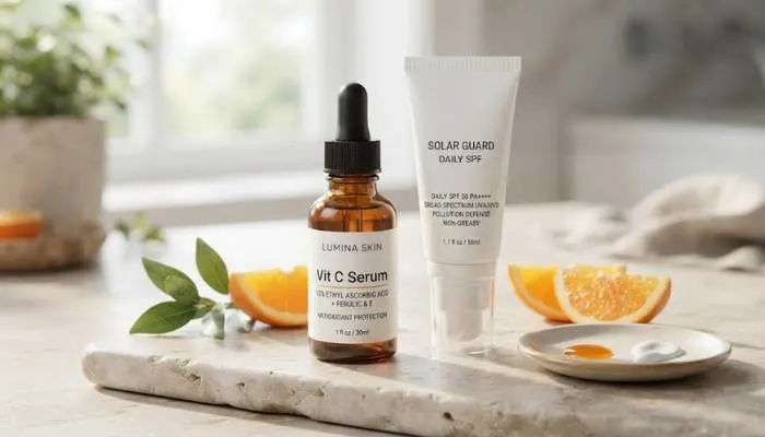 Vitamin C antioxidant serum and daily SPF sunscreen for pollution and UV protection Vitamin C antioxidant serum and daily SPF sunscreen for pollution and UV protection