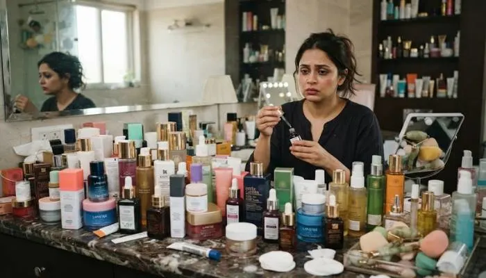 A cluttered bathroom counter filled with expensive skincare products and creams, illustrating the mistake of using too many beauty products.