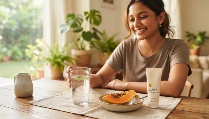 A glass of fresh water, a tube of SPF 30 sunscreen, and a slice of papaya on a sunlit table for daily skin health.