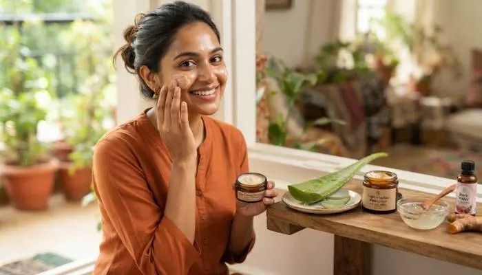 Natural Indian skincare ingredients including fresh aloe vera and simple moisturizer suited for Indian weather.