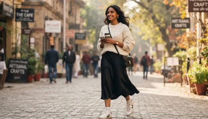 Relaxed everyday look combining a black satin midi skirt with an oversized sweater and sneakers Relaxed everyday look combining a black satin midi skirt with an oversized sweater and sneakers
