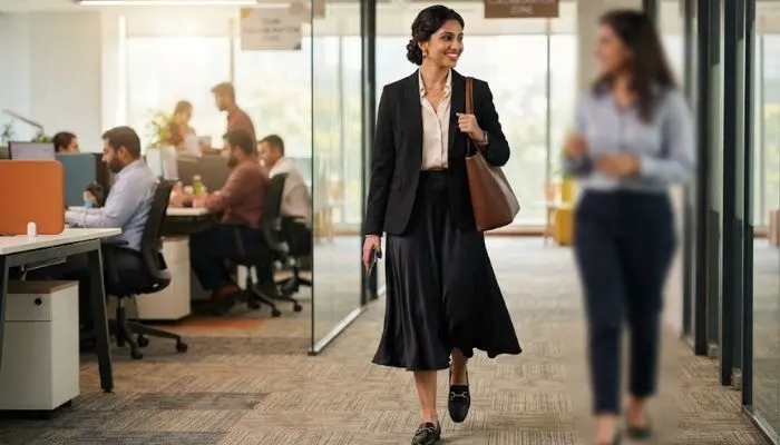 Office professional outfit with a black satin midi skirt, blazer, and loafers Office professional outfit with a black satin midi skirt, blazer, and loafers