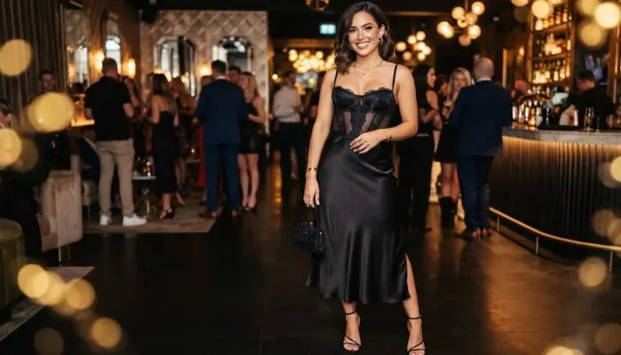 Glamorous party outfit with a black satin midi skirt and fitted corset top Glamorous party outfit with a black satin midi skirt and fitted corset top