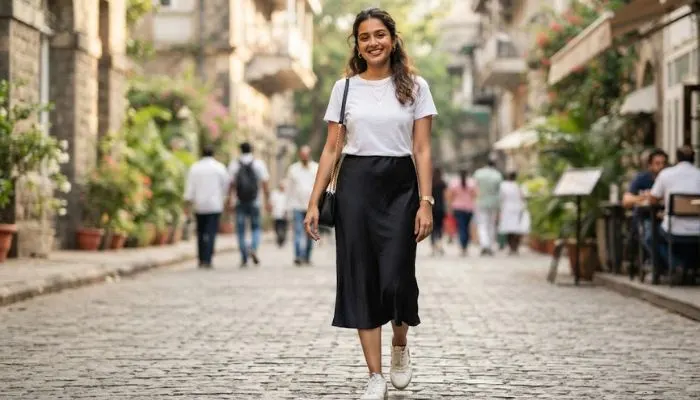 Summer casual outfit featuring a black satin midi skirt and a classic white t-shirt Summer casual outfit featuring a black satin midi skirt and a classic white t-shirt