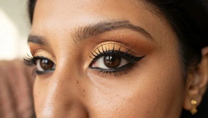 Close-up of warm gold eyeshadow, winged eyeliner, and kajal on Indian eyes