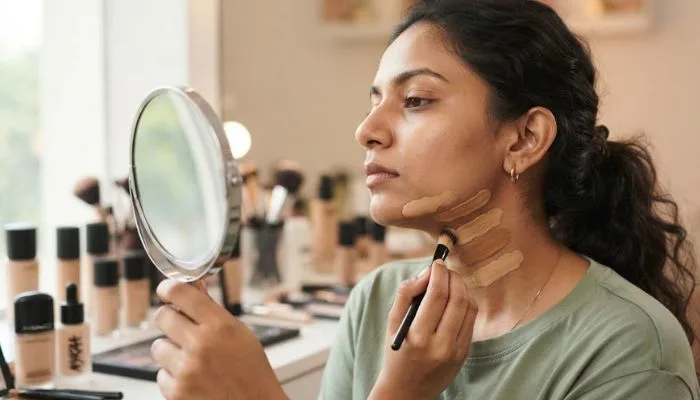 Hand testing different foundation shades on the jawline to find the correct match for Indian skin undertones