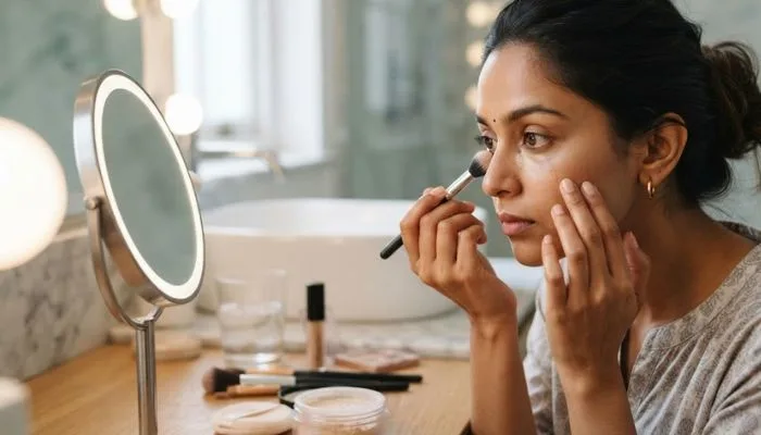 Using a small brush to press loose powder onto under-eye concealer Using a small brush to press loose powder onto under-eye concealer