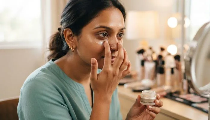 Applying lightweight eye cream and primer to under-eye area for makeup prep Applying lightweight eye cream and primer to under-eye area for makeup prep