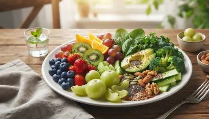 A healthy plate of fresh fruits, green vegetables, amla, and nuts essential for growing smooth and silky hair from within. A healthy plate of fresh fruits, green vegetables, amla, and nuts essential for growing smooth and silky hair from within.