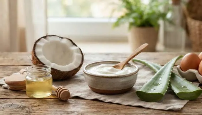 Arrangement of natural hair care ingredients including coconut oil, fresh curd, aloe vera leaves, and eggs on a wooden table. Arrangement of natural hair care ingredients including coconut oil, fresh curd, aloe vera leaves, and eggs on a wooden table.
