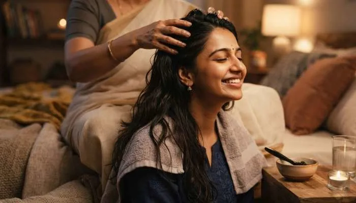 Woman enjoying a relaxing warm coconut oil scalp massage to treat dry and rough hair overnight. Woman enjoying a relaxing warm coconut oil scalp massage to treat dry and rough hair overnight.
