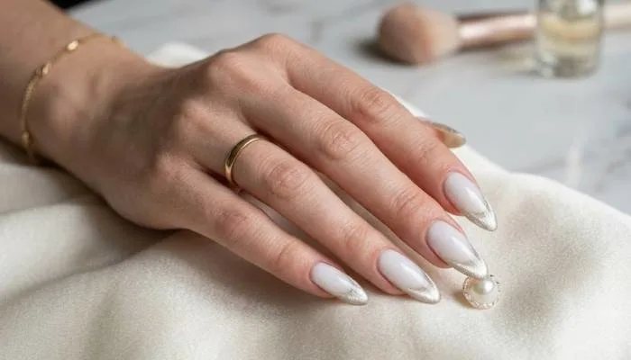 Elegant long almond shaped nails with milky white base and sparkling 3D magnetic cat eye French tips. Elegant long almond shaped nails with milky white base and sparkling 3D magnetic cat eye French tips.
