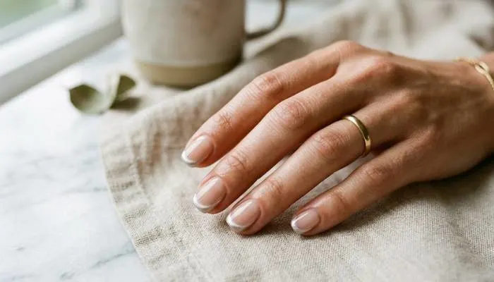 Short clean square and oval nails styled with subtle, thin magnetic silver cat eye tips. Short clean square and oval nails styled with subtle, thin magnetic silver cat eye tips.