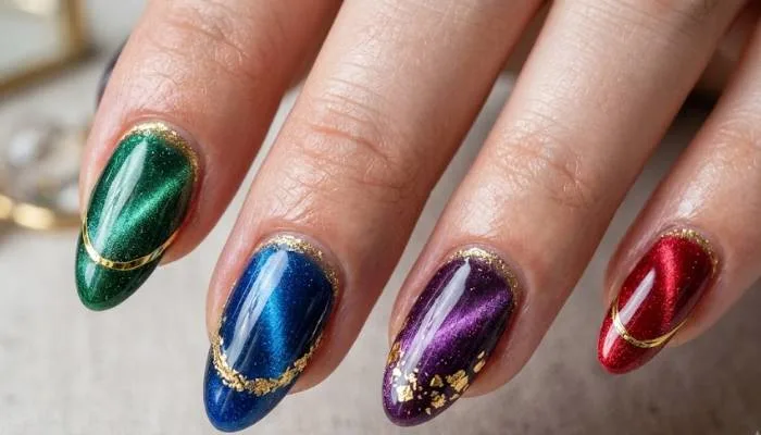 Close-up of various cat eye French tip nail art designs including gold foil accents and reverse cuticle highlights. Close-up of various cat eye French tip nail art designs including gold foil accents and reverse cuticle highlights.