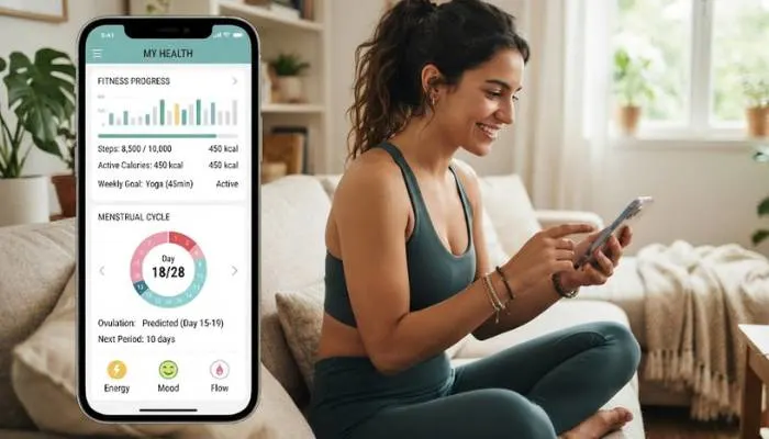 A woman tracking her fitness progress and menstrual cycle on a smartphone health app.