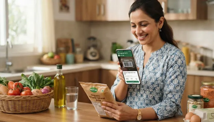 A person using a smartphone app for easy food logging and barcode scanning of healthy groceries.