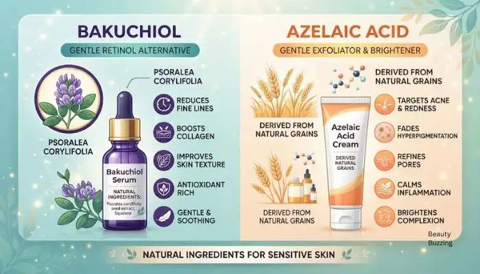 Infographic and natural ingredients showcasing gentle skincare options like bakuchiol and azelaic acid Infographic and natural ingredients showcasing gentle skincare options like bakuchiol and azelaic acid