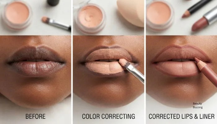 Step-by-step application showing a peach colour corrector and lip liner being used on pigmented lips before applying lipstick. Step-by-step application showing a peach colour corrector and lip liner being used on pigmented lips before applying lipstick.