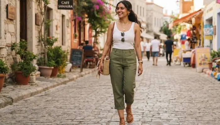 Casual summer outfit featuring cropped capri pants, a simple white tank top, flat leather sandals, and gold jewelry.