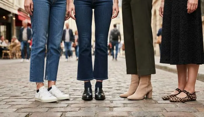 Close-up shot of elegant slingback mule heels and classic ballet flats styled with cropped capri trousers.