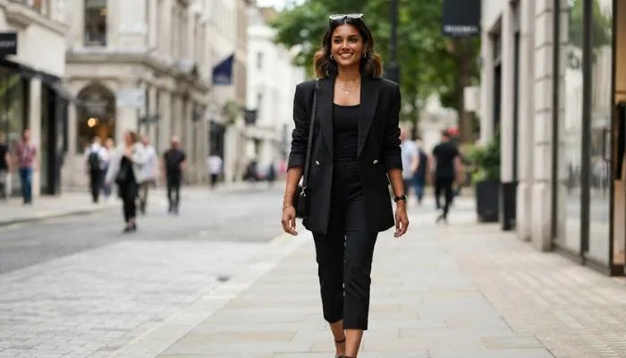 A fashion flat-lay or model shot highlighting the contrast between volume on top and fitted pants below.