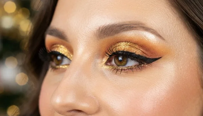 Close-up of vibrant and bold festive eye makeup with gold eyeshadow and waterproof eyeliner. Close-up of vibrant and bold festive eye makeup with gold eyeshadow and waterproof eyeliner.
