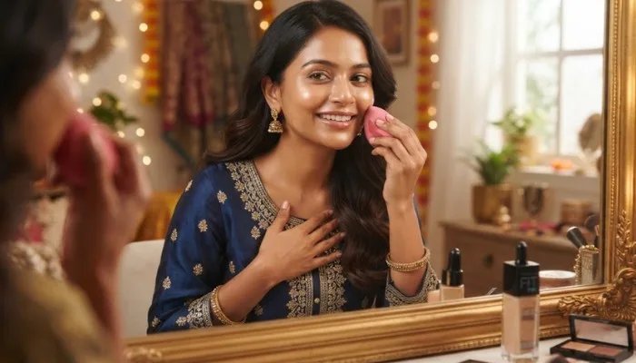 Applying liquid foundation smoothly with a damp beauty sponge for a flawless festive base. Applying liquid foundation smoothly with a damp beauty sponge for a flawless festive base.